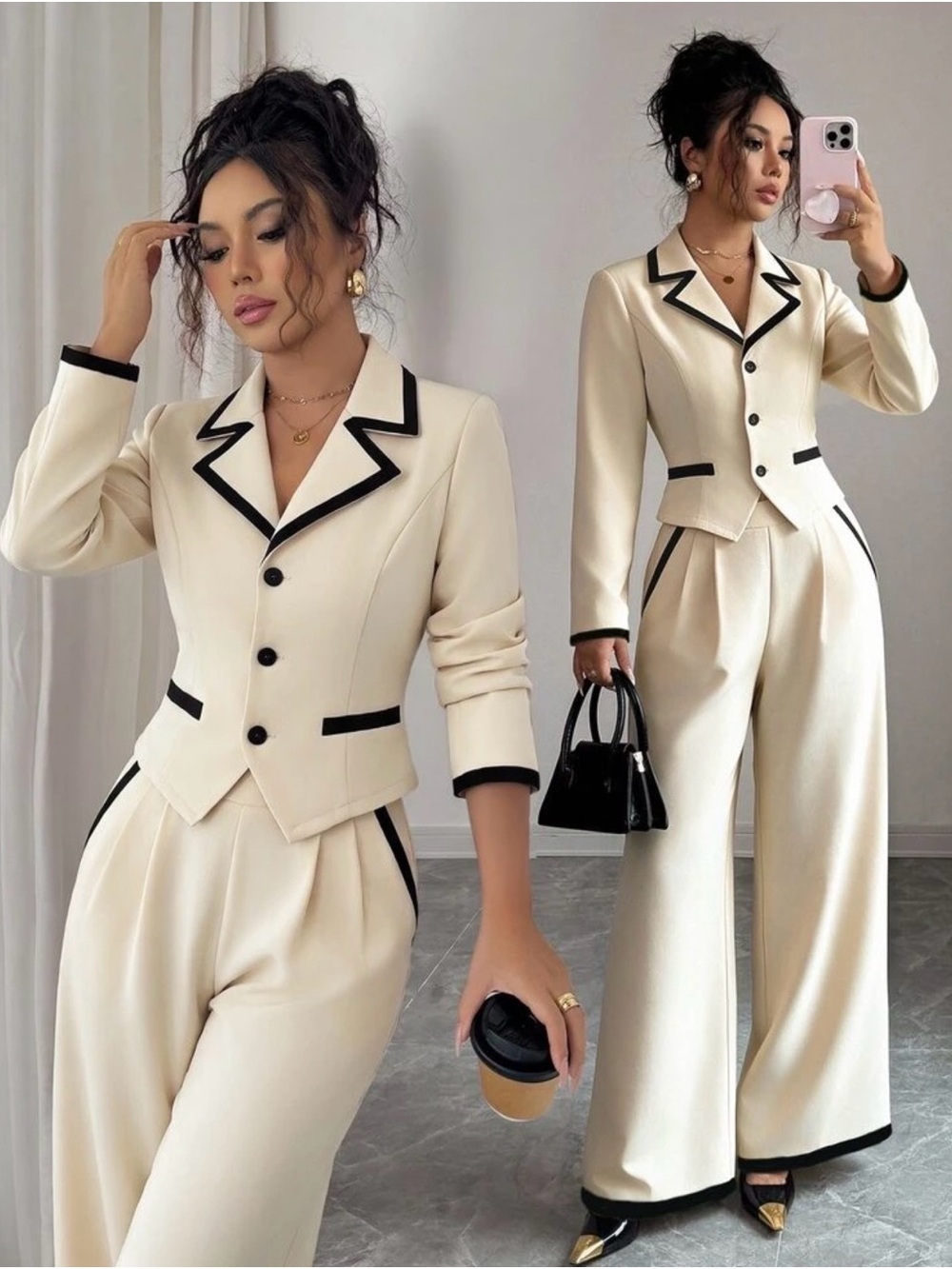 Cream Sleeveless Tailored Vest and Wide-Leg Pants Set - Picture 2 of 9